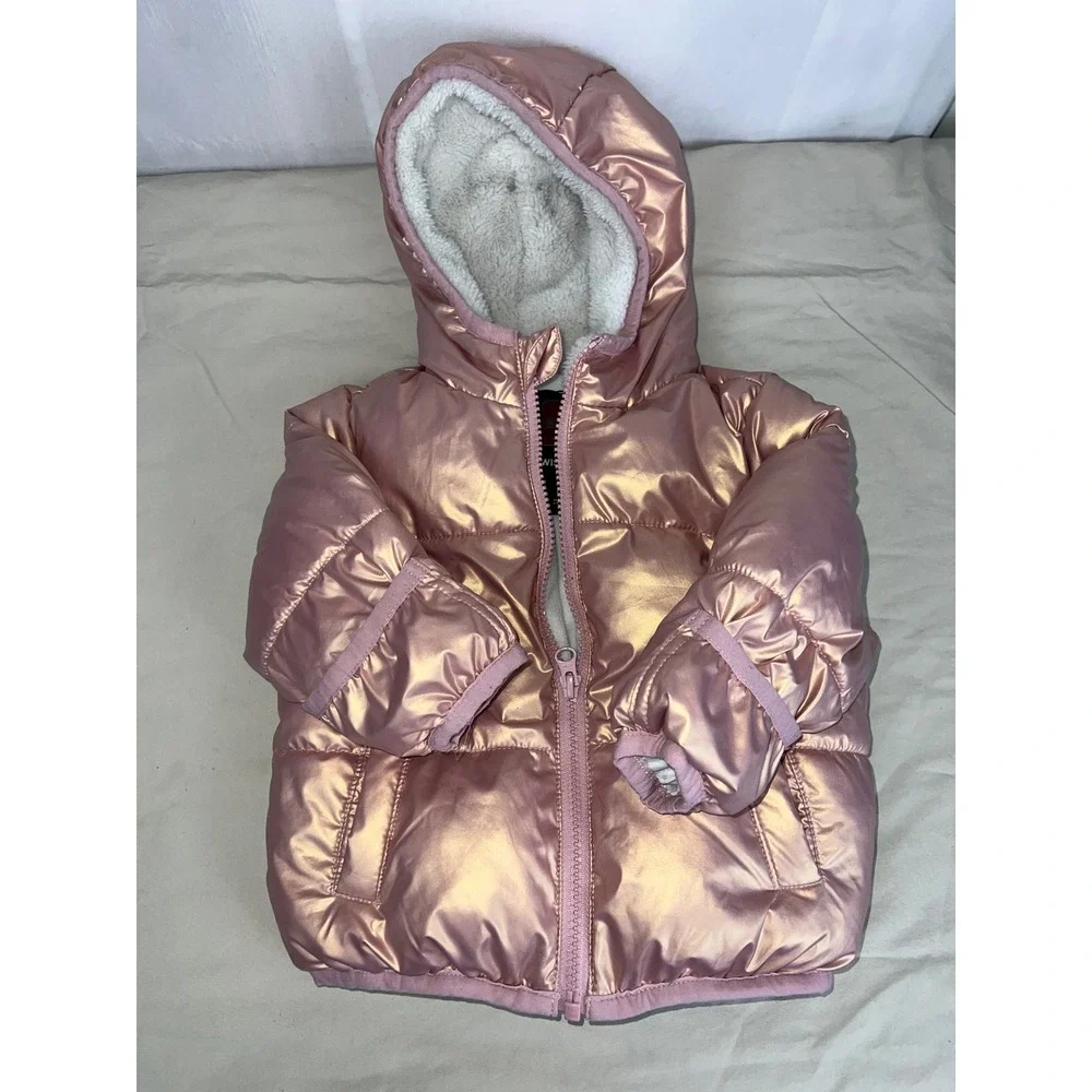 Swiss Tech Rose‎ Gold Metallic Puffer Jacket Sherpa Hooded Coat Baby Girls 12M